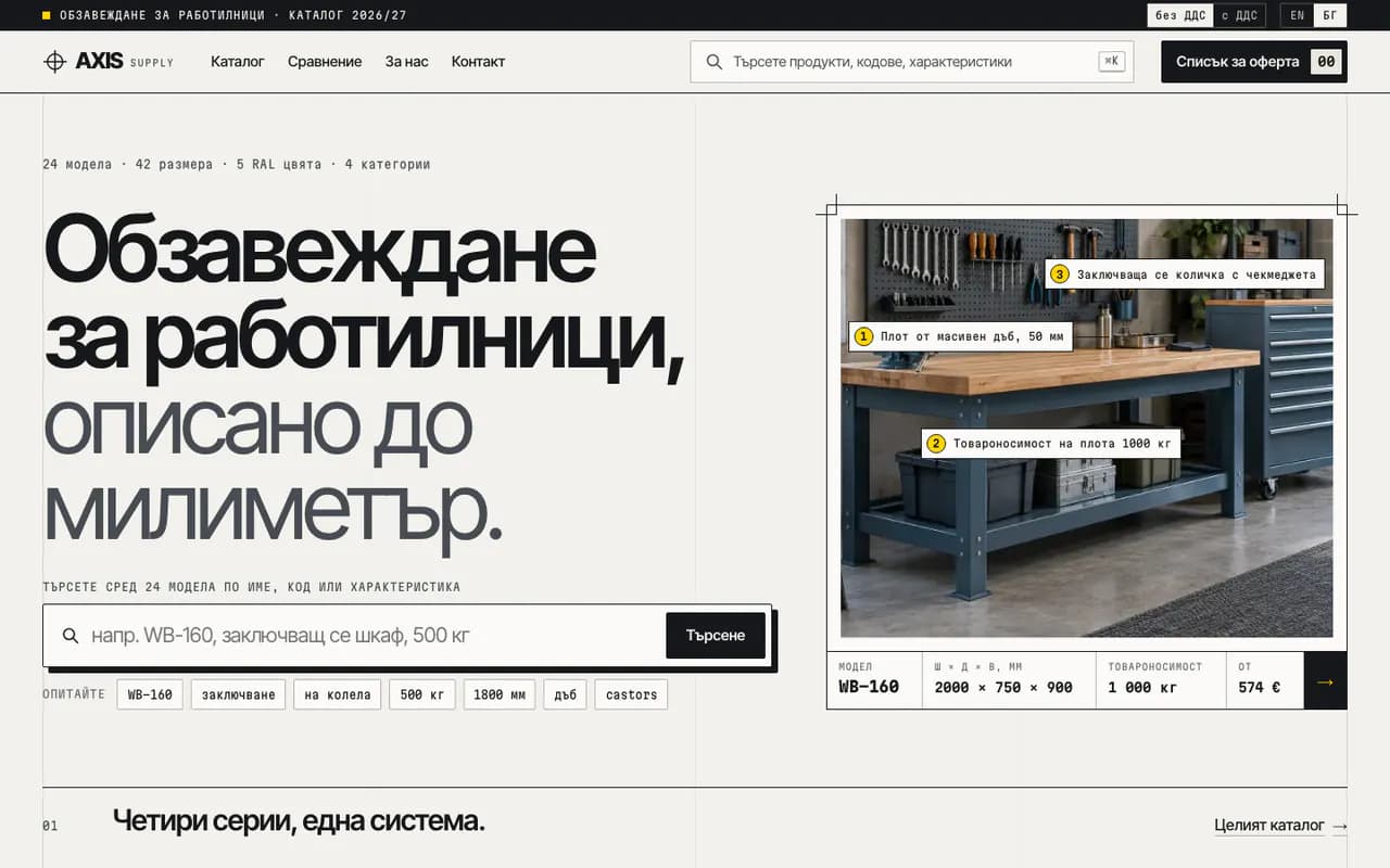 Начална страница на Axis Supply, изглед: компютър