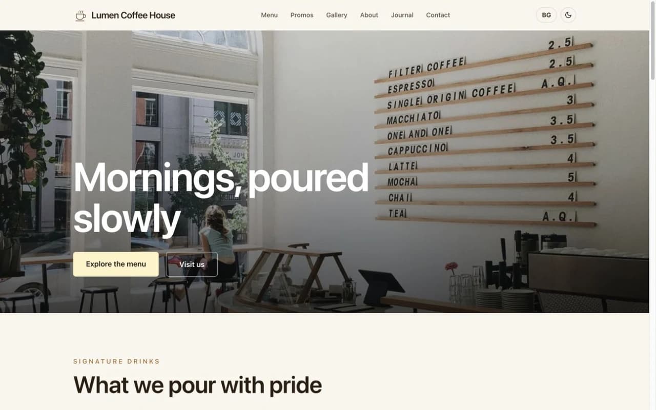 Screenshot of the Café website demo homepage