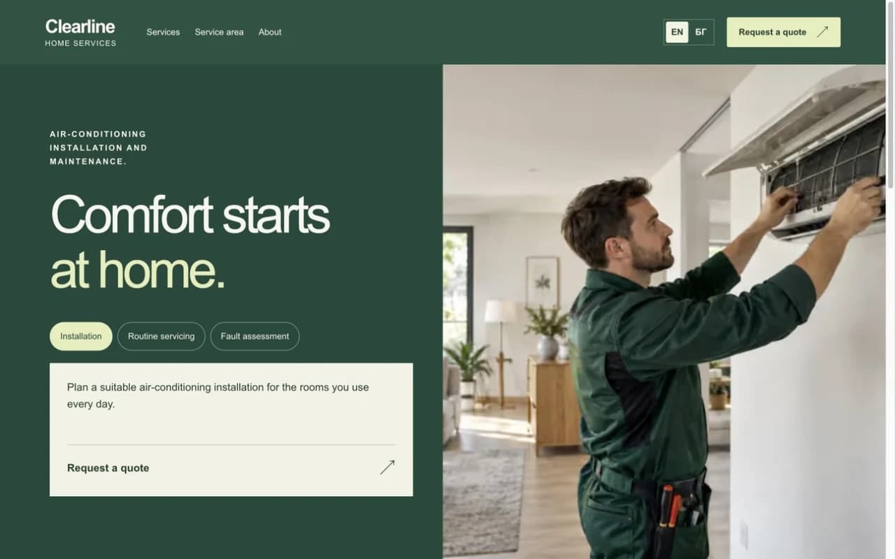 Screenshot of the Home services demo homepage