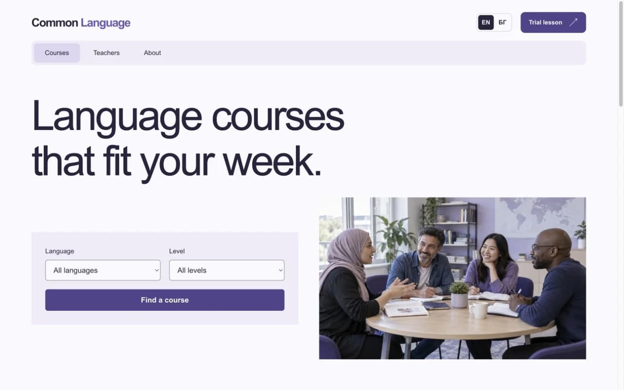 Screenshot of the Language school demo homepage