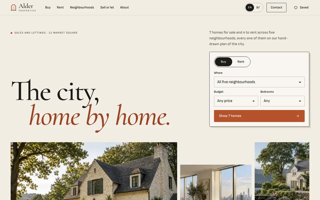 Alder Properties homepage, desktop view
