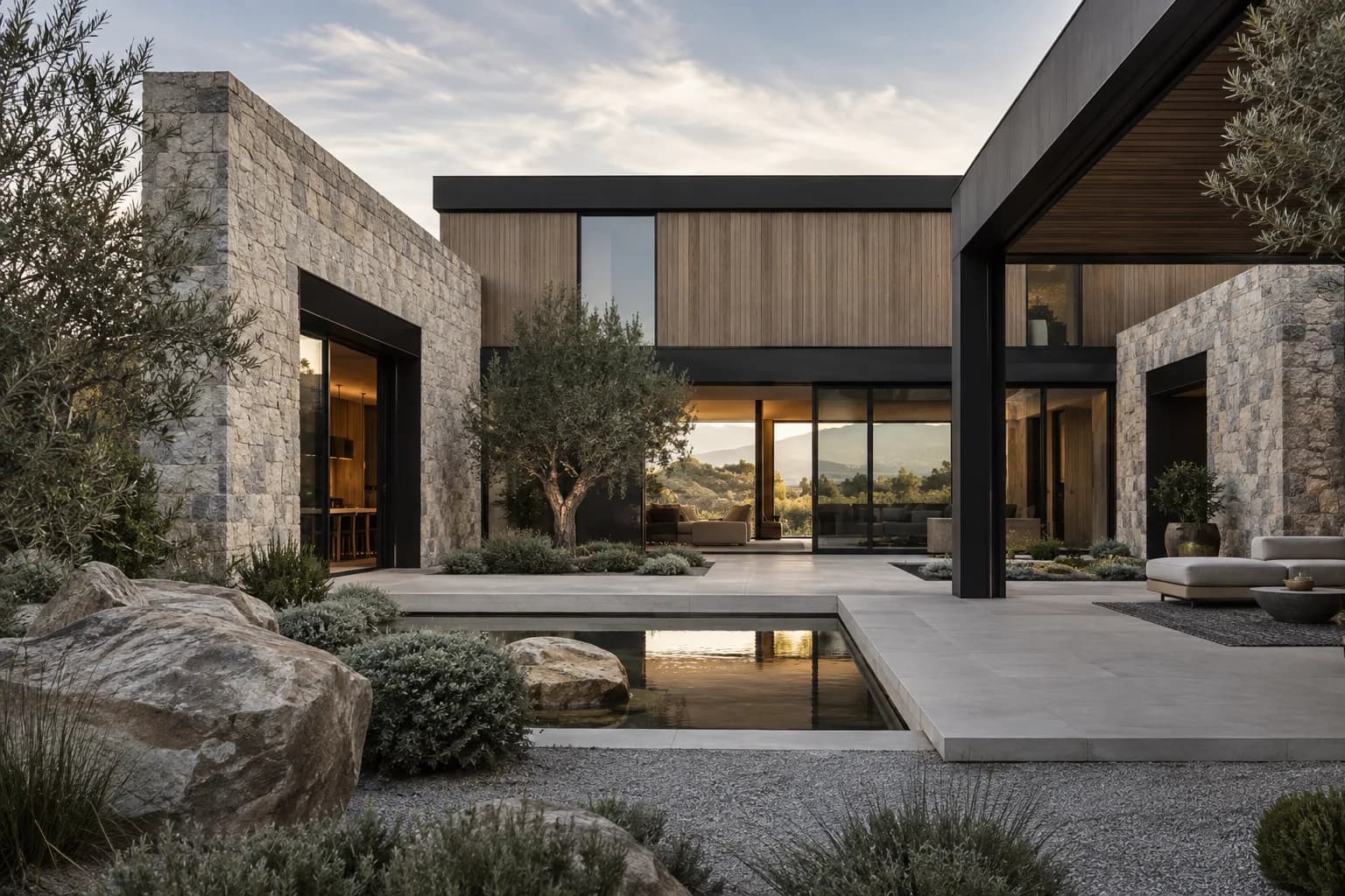 Stone, timber and garden space in an illustrative Formstead project