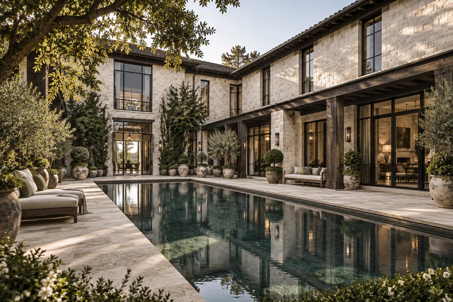 courtyard home in limestone and dark oak, U-shaped architecture with a reflecting pool; alternate architectural perspective