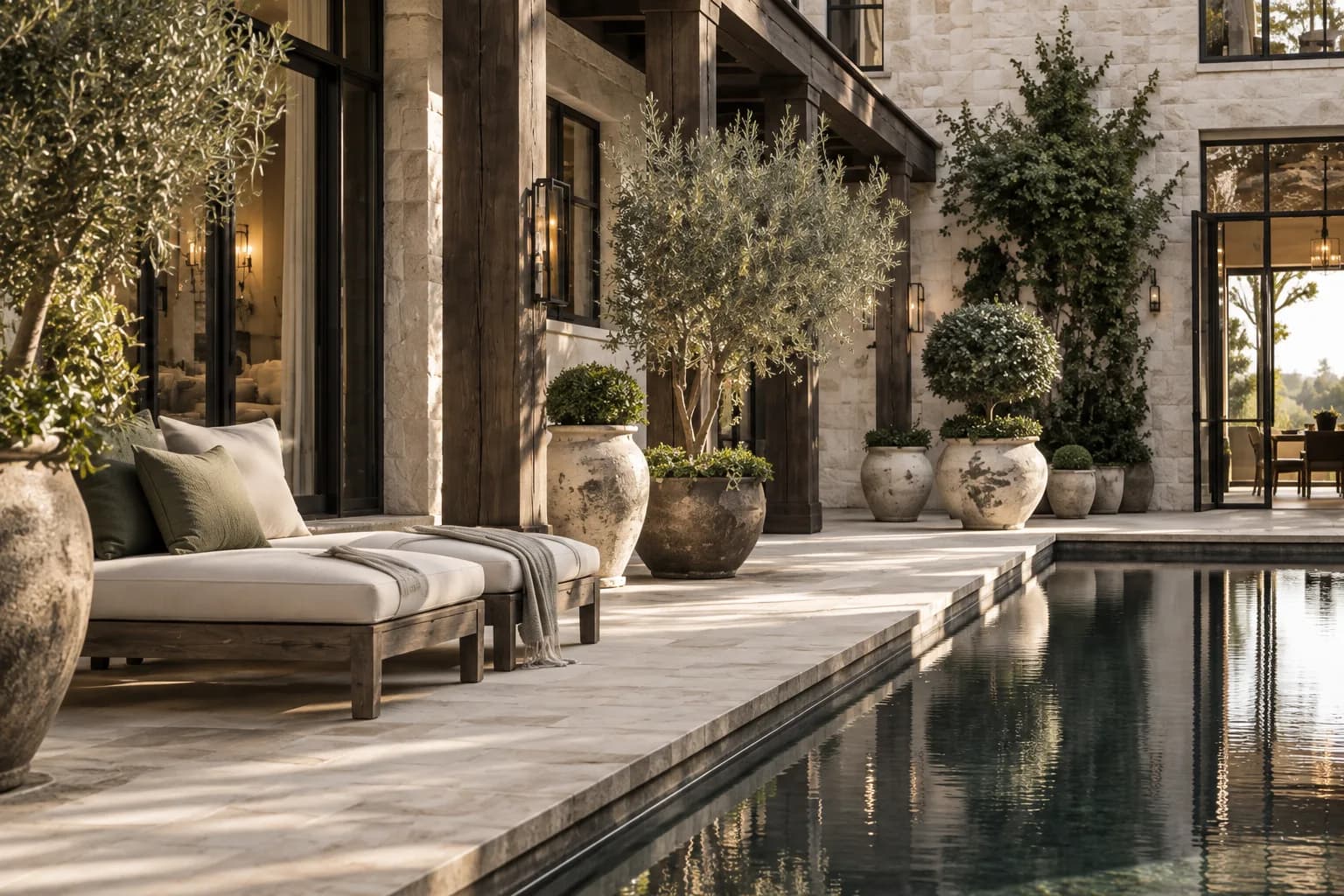 courtyard home in limestone and dark oak, U-shaped architecture with a reflecting pool; close detail of materials and finishes