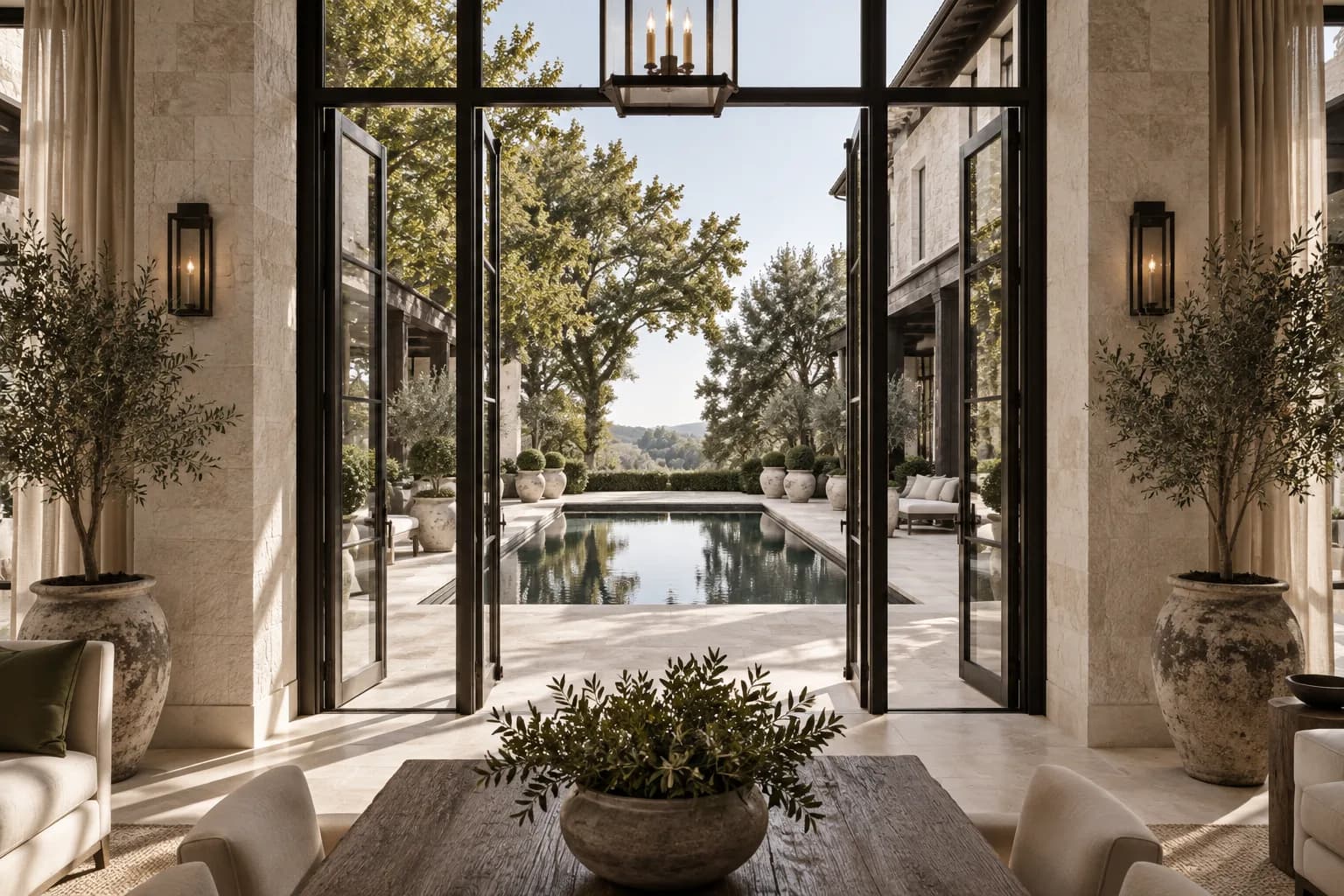 courtyard home in limestone and dark oak, U-shaped architecture with a reflecting pool; view through the doorway or threshold