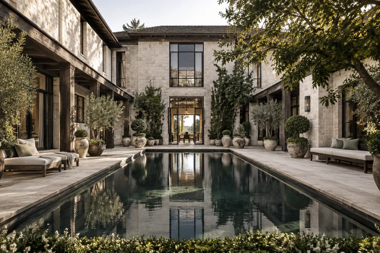 courtyard home in limestone and dark oak, U-shaped architecture with a reflecting pool