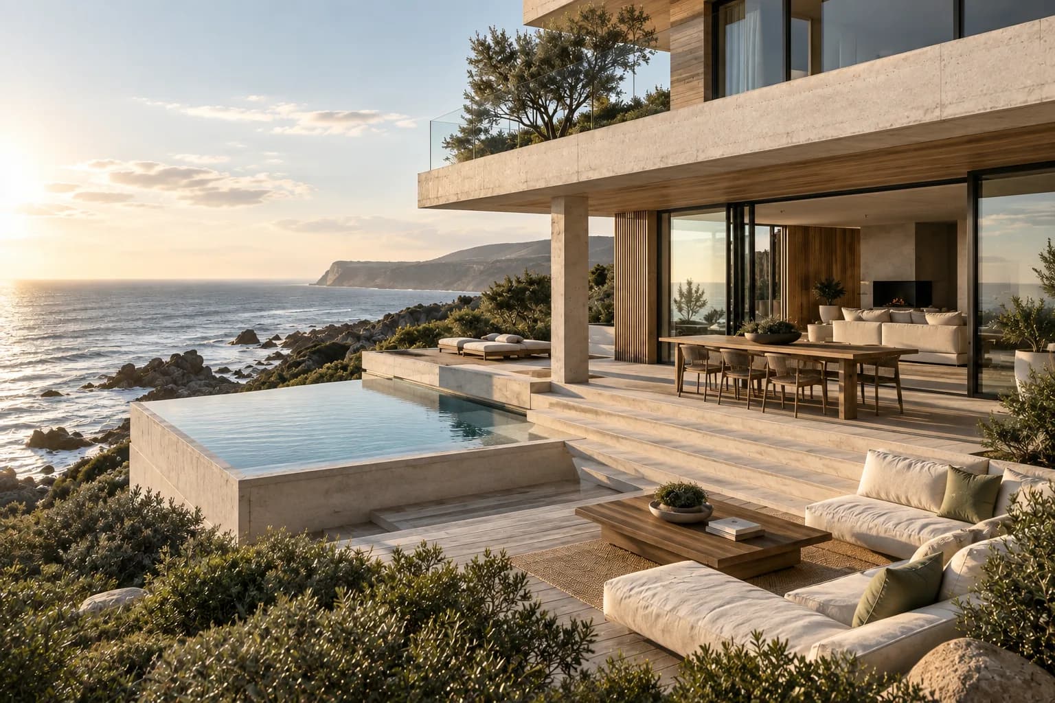 coastal house in pale concrete and bleached timber, ocean-facing terraces; alternate architectural perspective