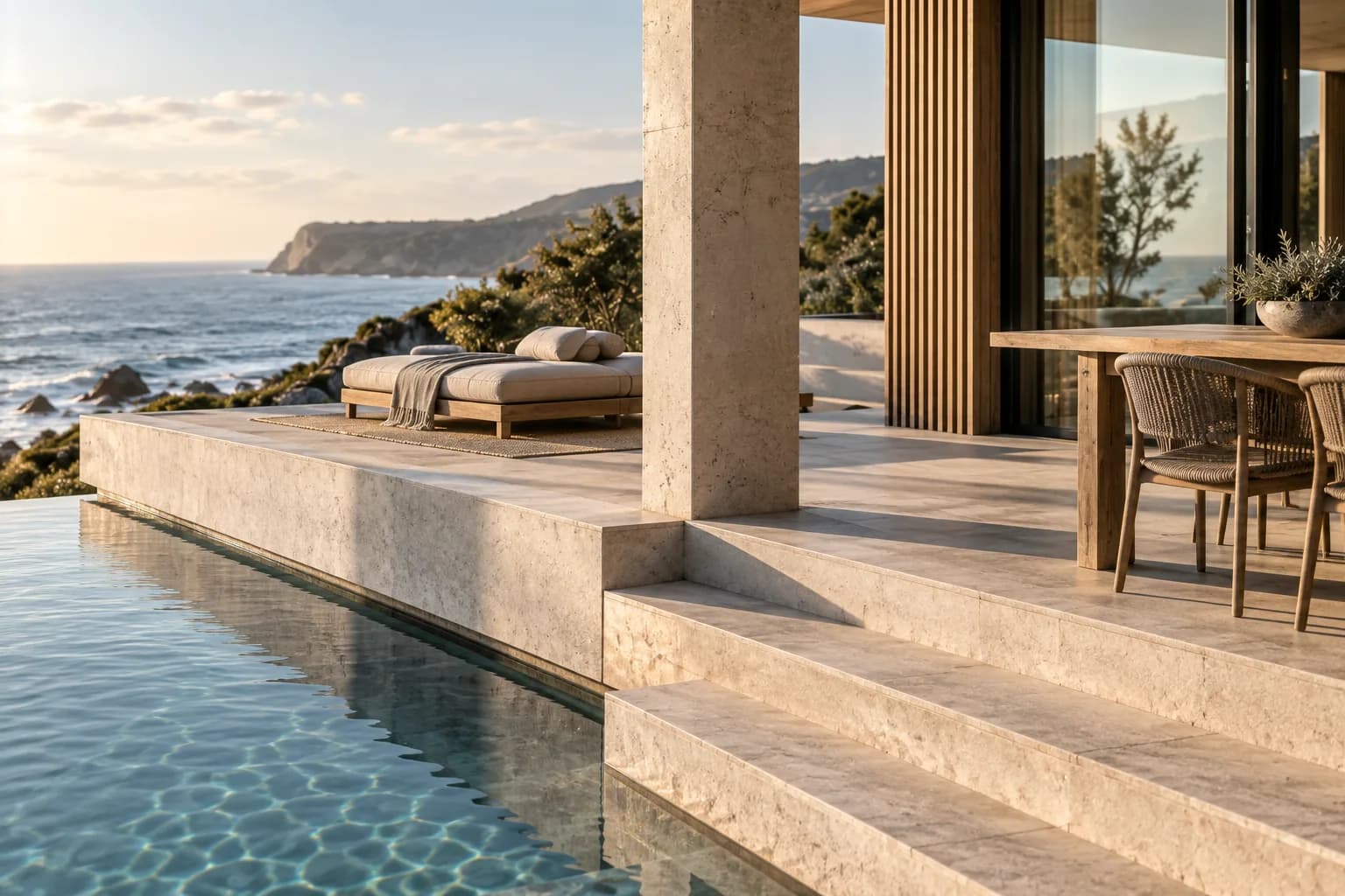 coastal house in pale concrete and bleached timber, ocean-facing terraces; close detail of materials and finishes
