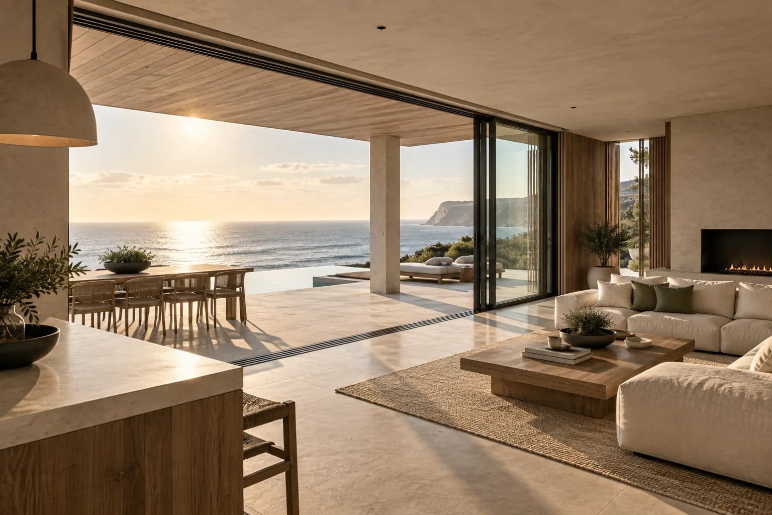 coastal house in pale concrete and bleached timber, ocean-facing terraces; view through the doorway or threshold