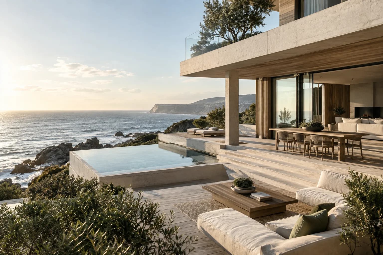coastal house in pale concrete and bleached timber, ocean-facing terraces