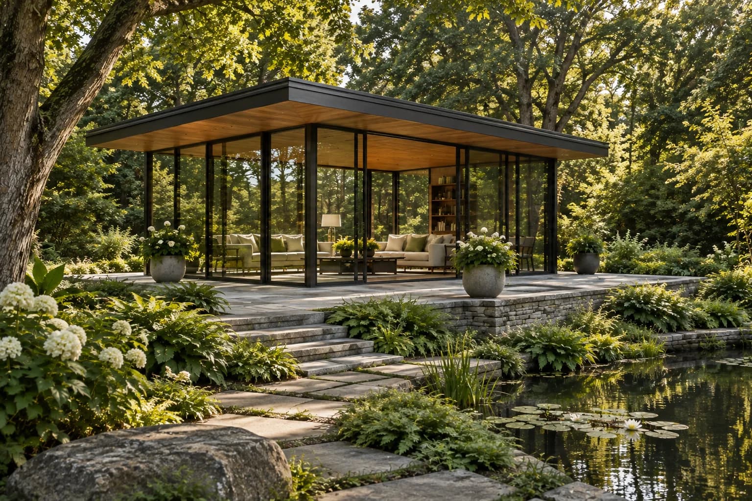 garden pavilion with a low roof and finely detailed glazed walls among mature trees; alternate architectural perspective