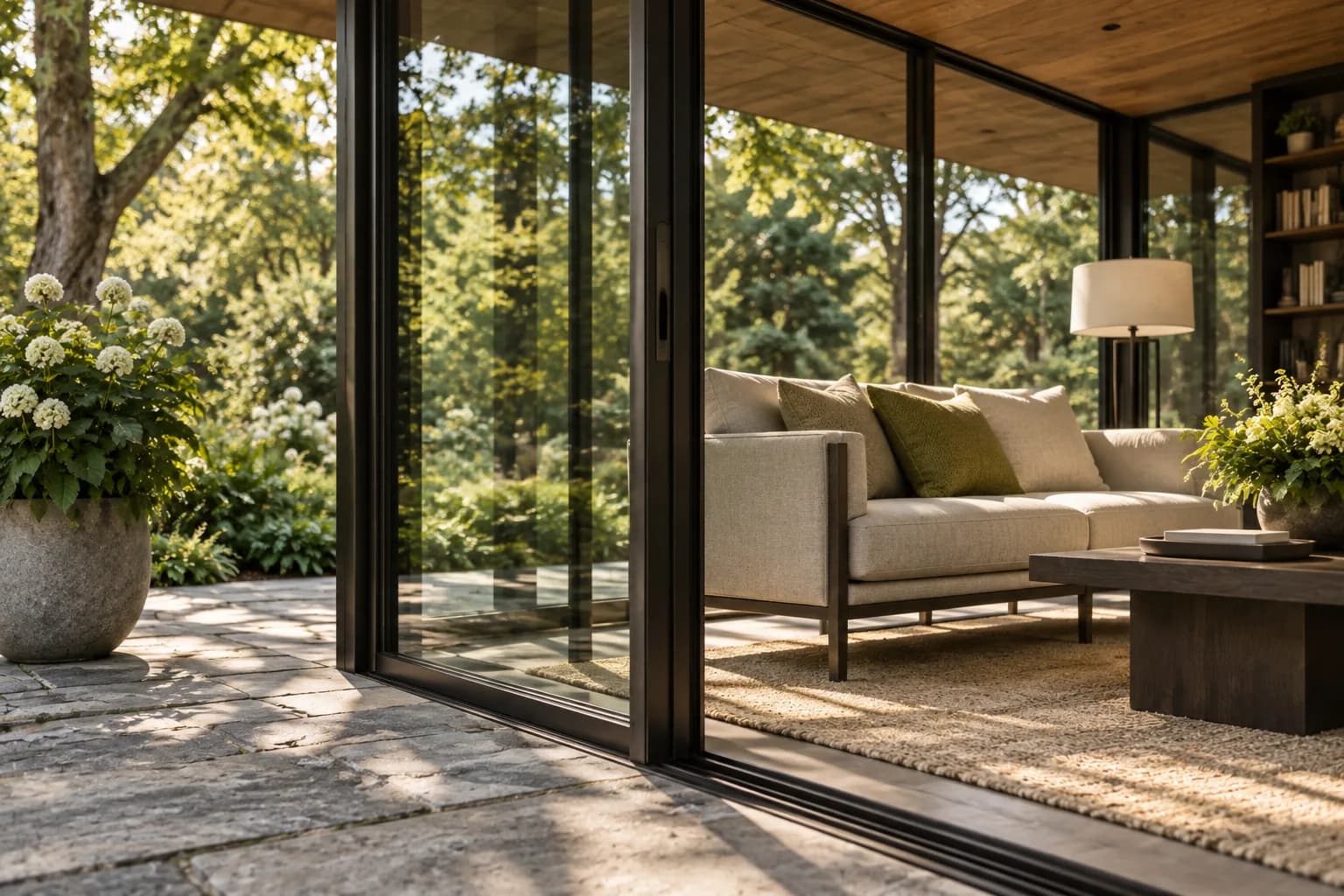 garden pavilion with a low roof and finely detailed glazed walls among mature trees; close detail of materials and finishes