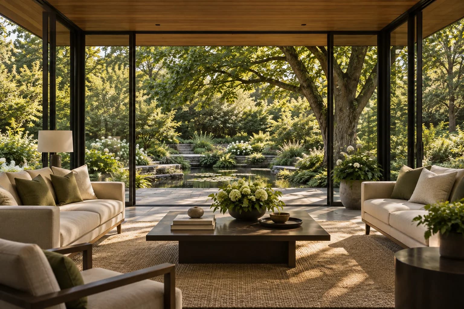 garden pavilion with a low roof and finely detailed glazed walls among mature trees; view through the doorway or threshold