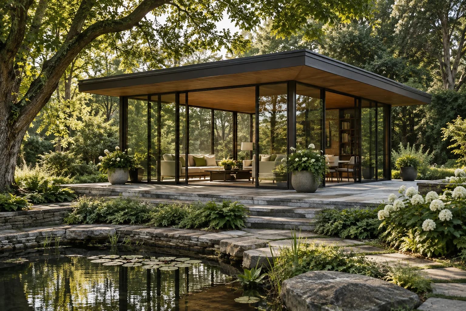 garden pavilion with a low roof and finely detailed glazed walls among mature trees