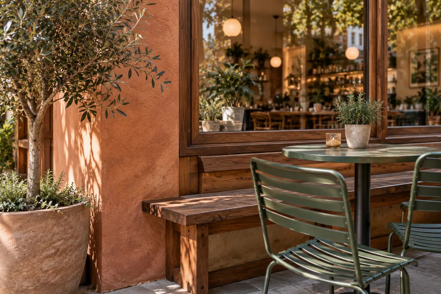 neighbourhood cafe with warm terracotta plaster, walnut joinery and broad street-facing windows; close detail of materials and finishes