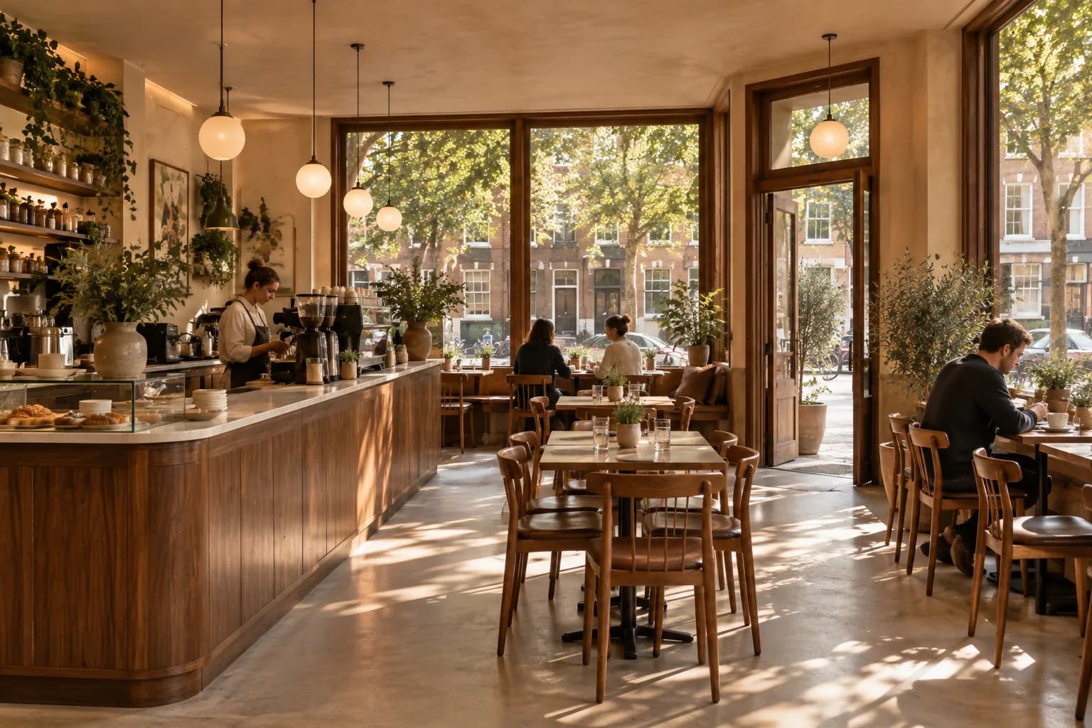 neighbourhood cafe with warm terracotta plaster, walnut joinery and broad street-facing windows; view through the doorway or threshold