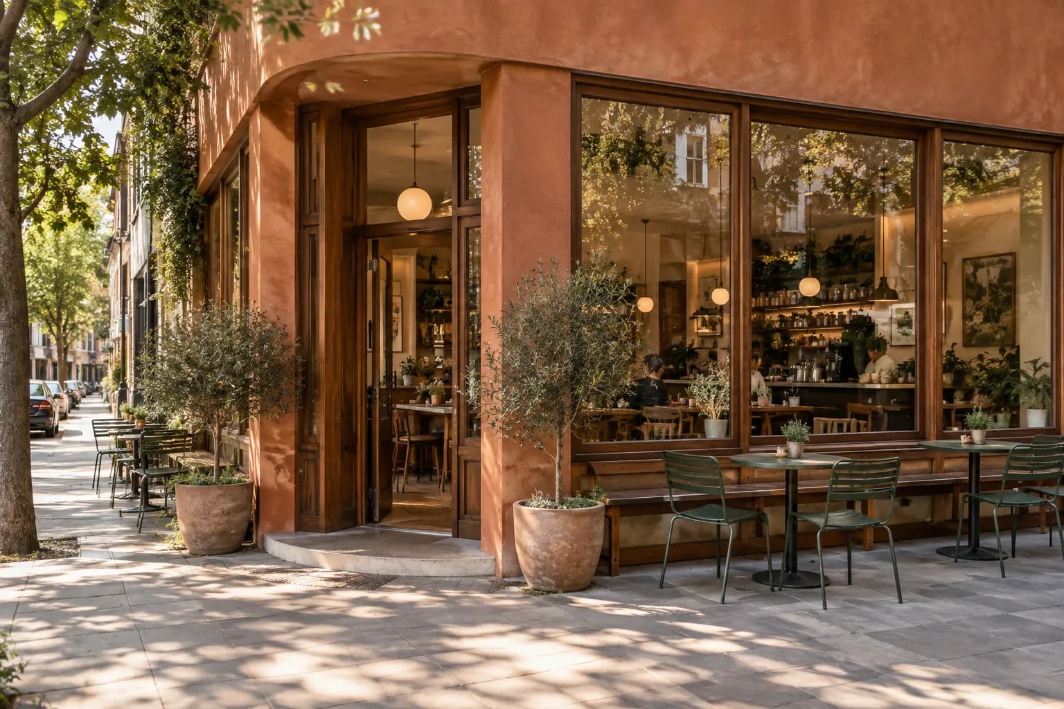 neighbourhood cafe with warm terracotta plaster, walnut joinery and broad street-facing windows