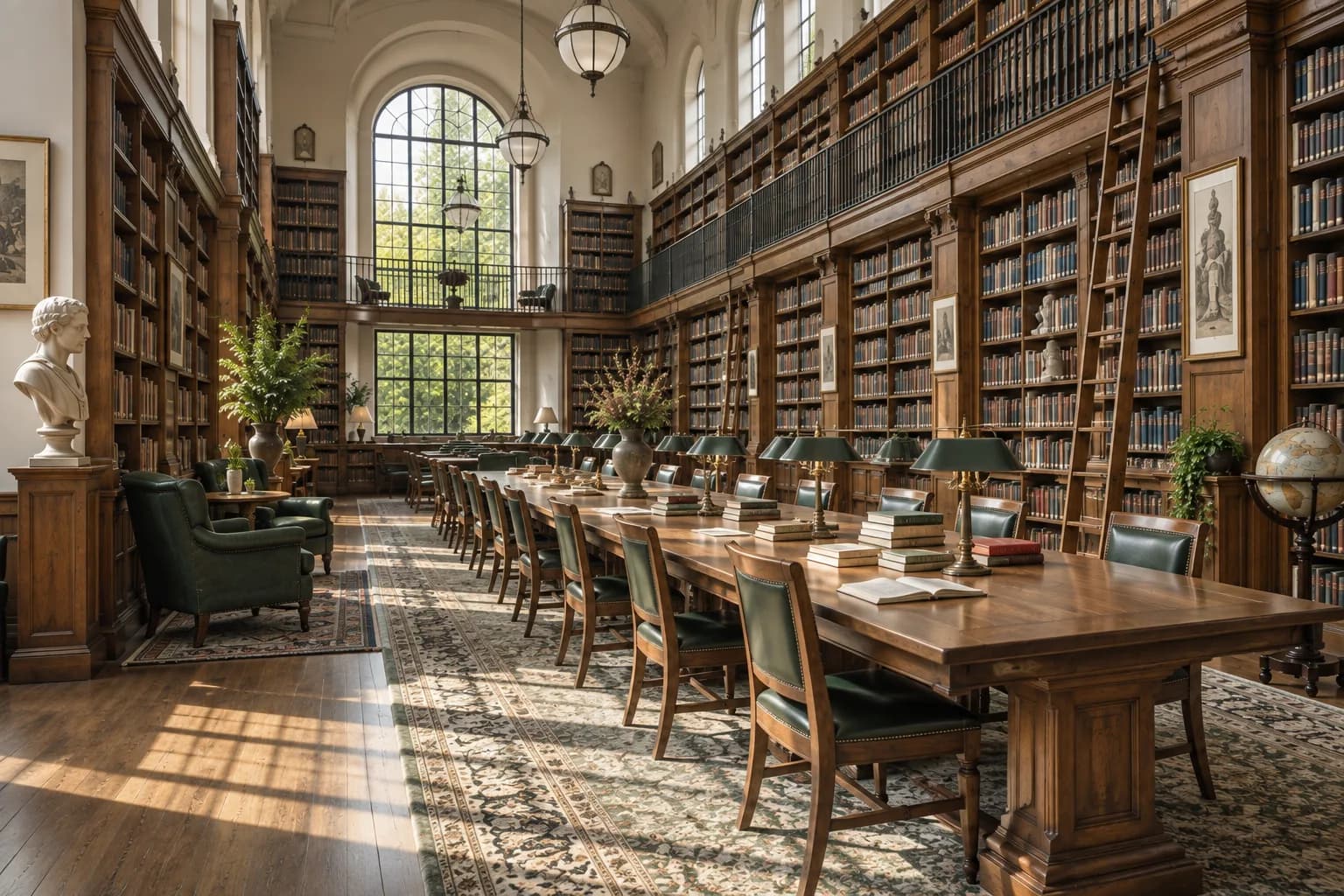reading room with high oak bookcases, clerestory light and long study table; alternate architectural perspective