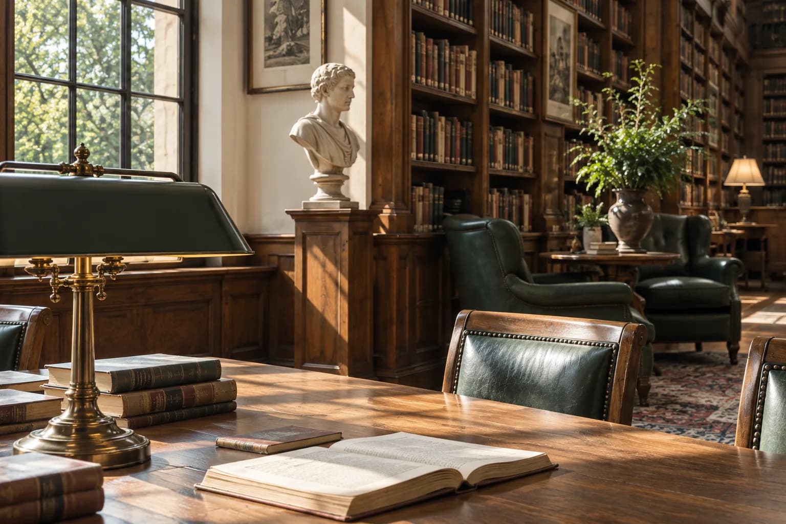 reading room with high oak bookcases, clerestory light and long study table; close detail of materials and finishes