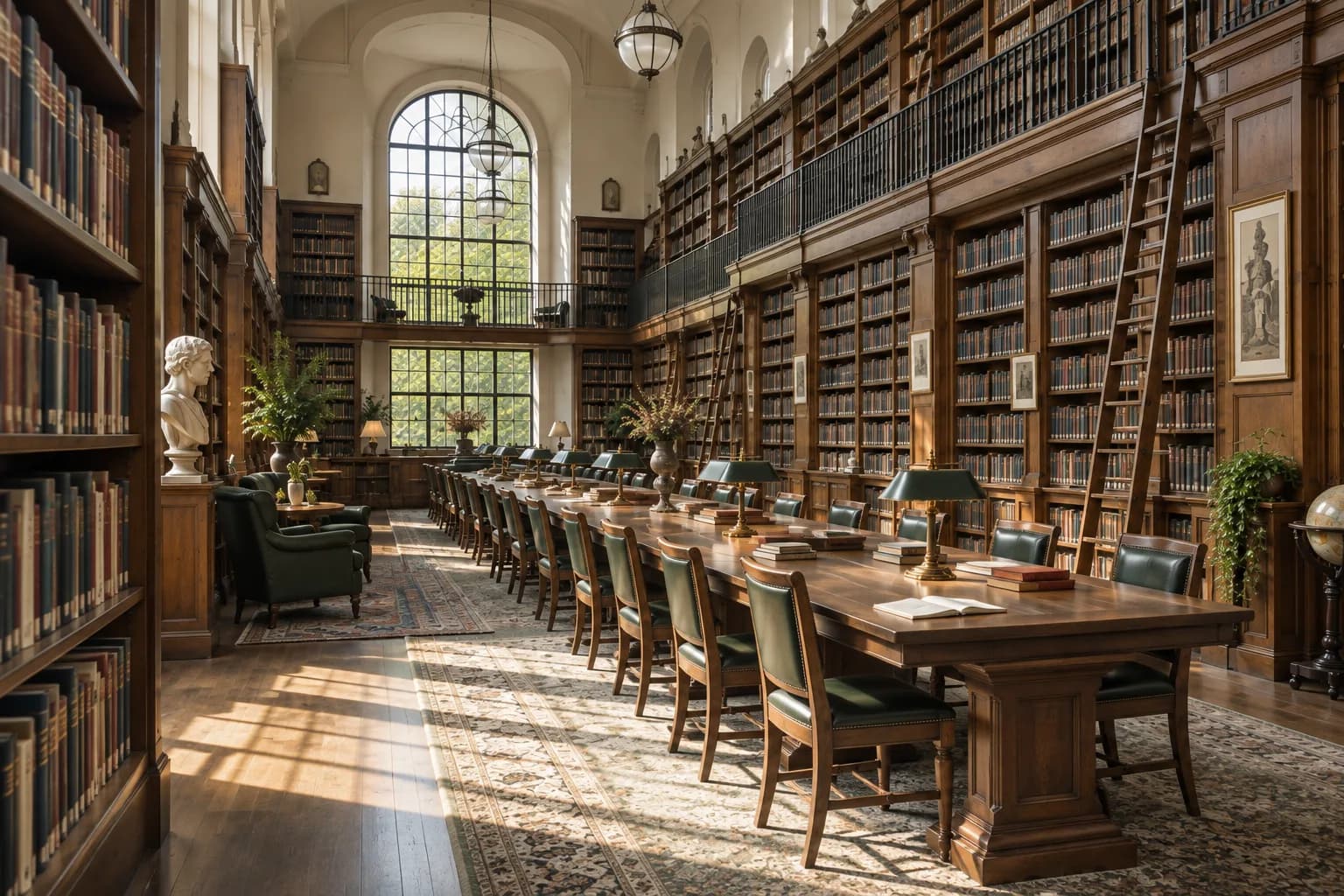 reading room with high oak bookcases, clerestory light and long study table; view through the doorway or threshold