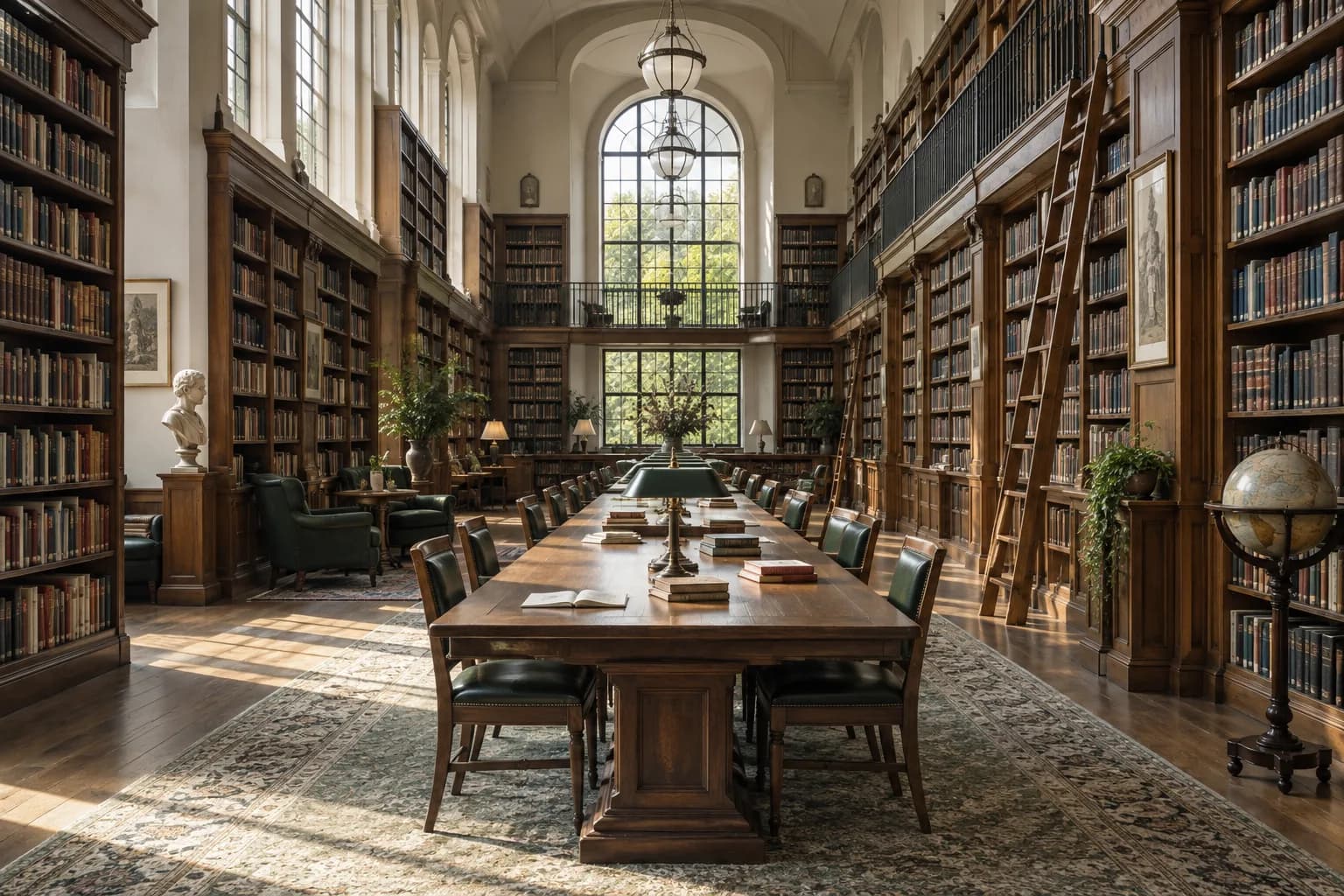 reading room with high oak bookcases, clerestory light and long study table