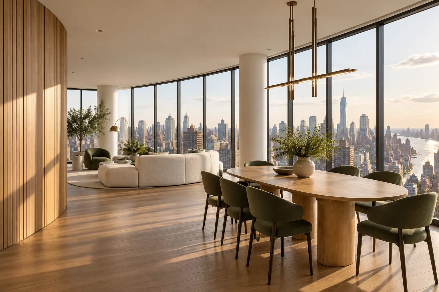 city apartment with a sculptural curved oak wall and panoramic metropolitan windows; alternate architectural perspective