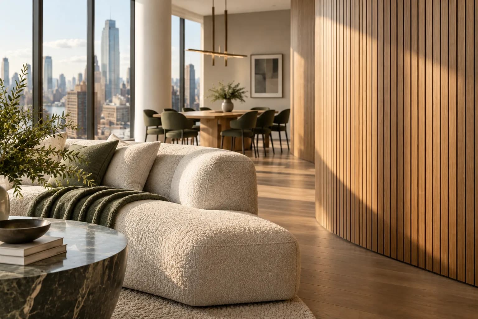 city apartment with a sculptural curved oak wall and panoramic metropolitan windows; close detail of materials and finishes