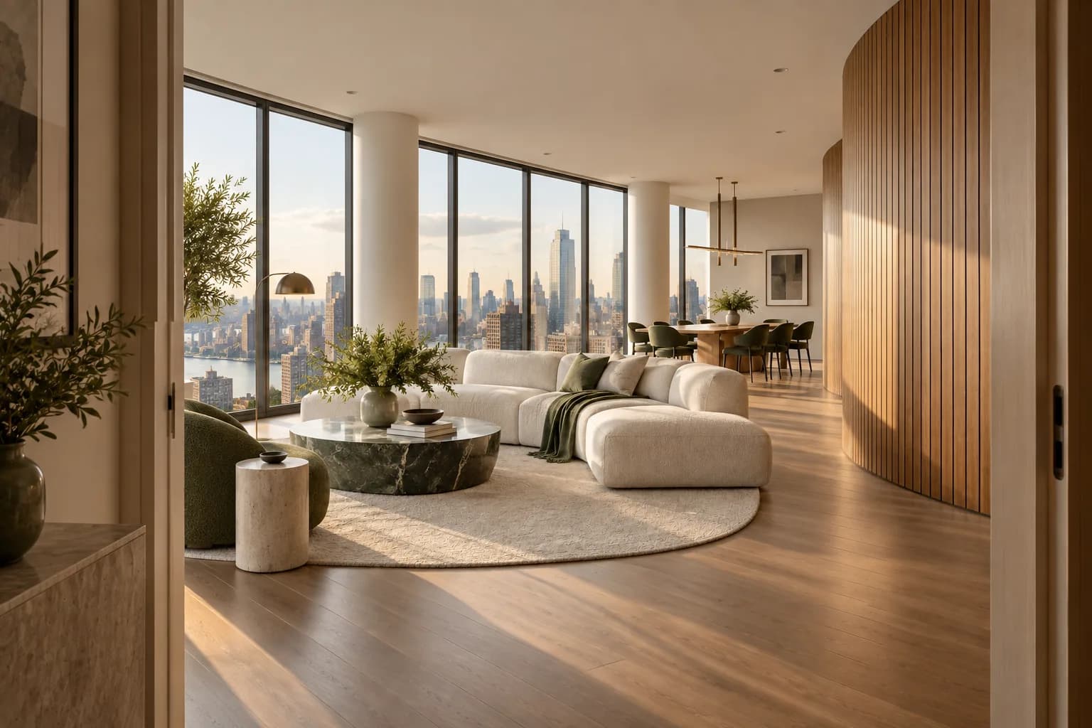 city apartment with a sculptural curved oak wall and panoramic metropolitan windows; view through the doorway or threshold