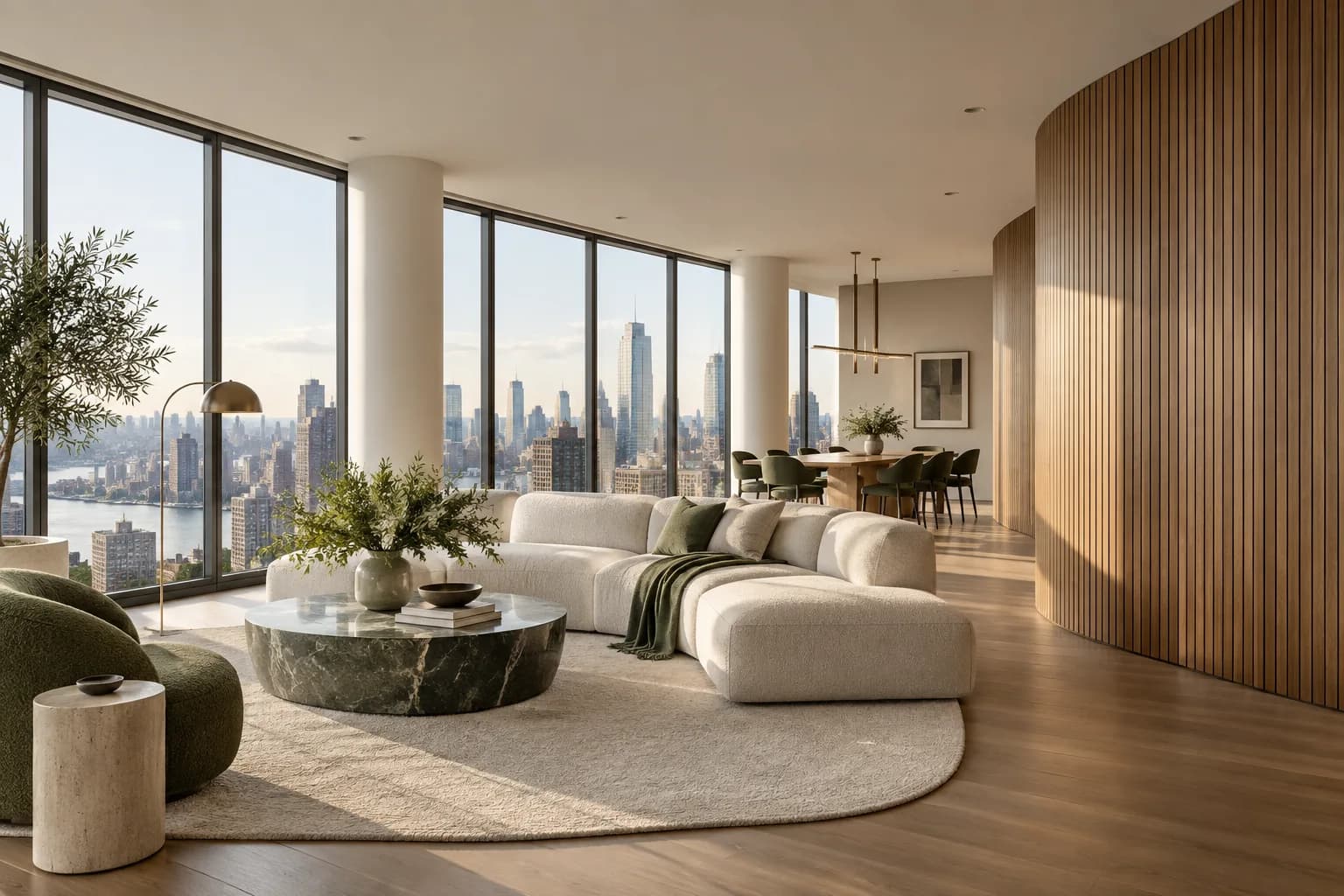 city apartment with a sculptural curved oak wall and panoramic metropolitan windows