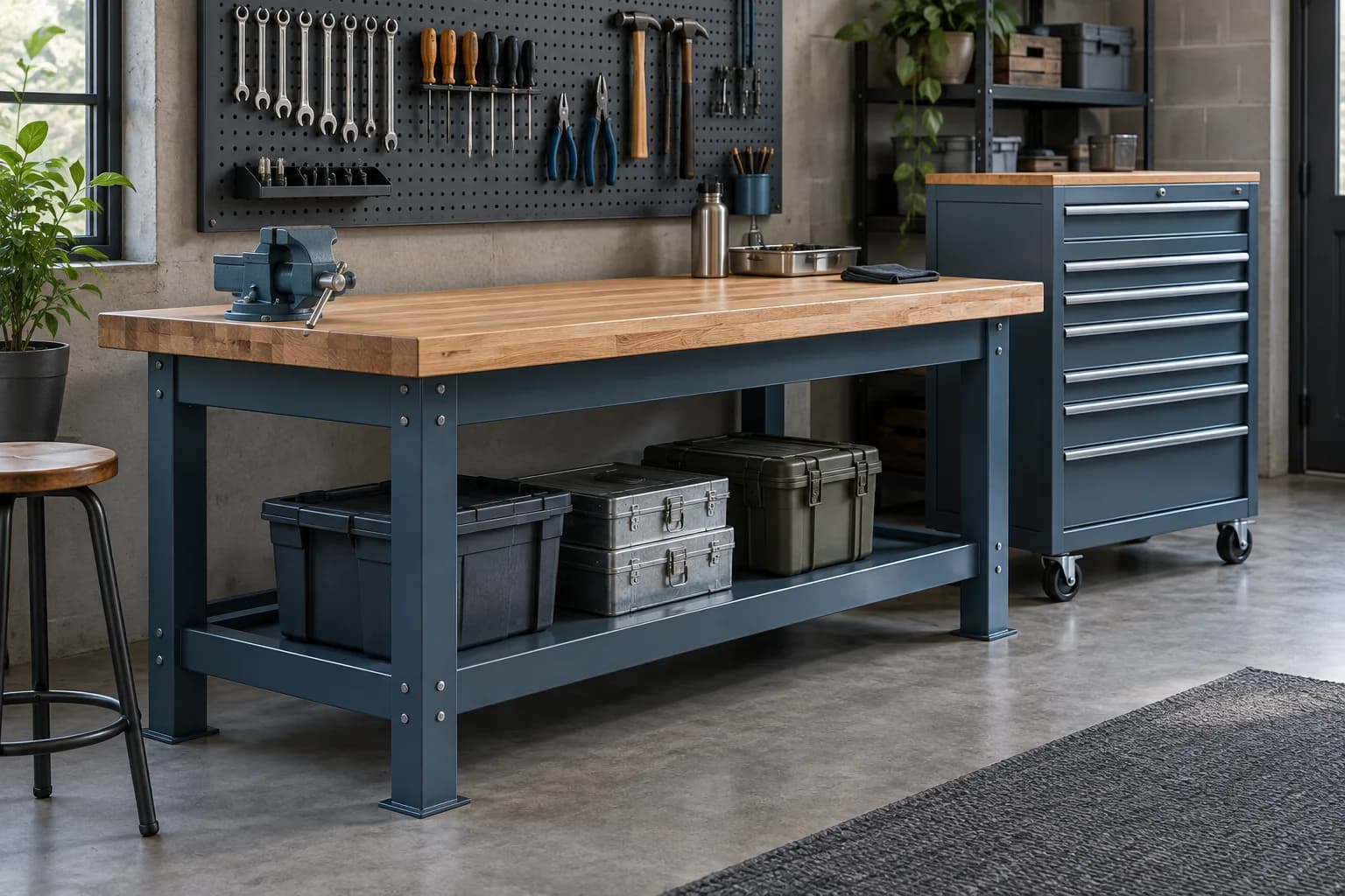 Slate-blue steel workbench and coordinated workshop storage
