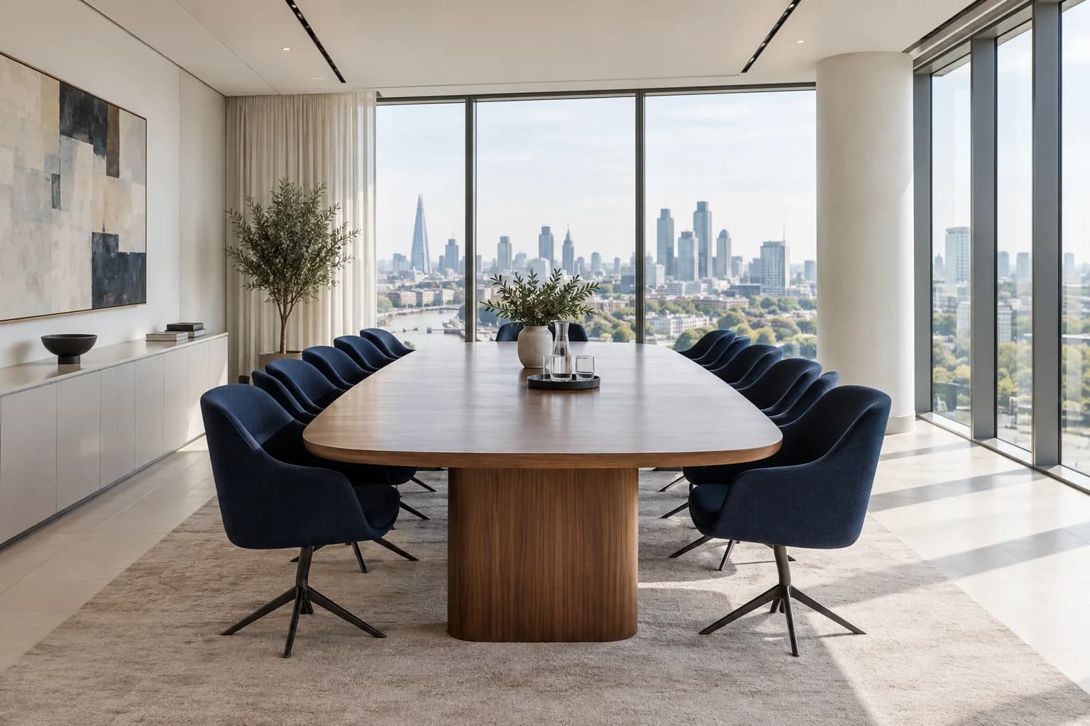 A light-filled meeting room with a long oak table and navy chairs