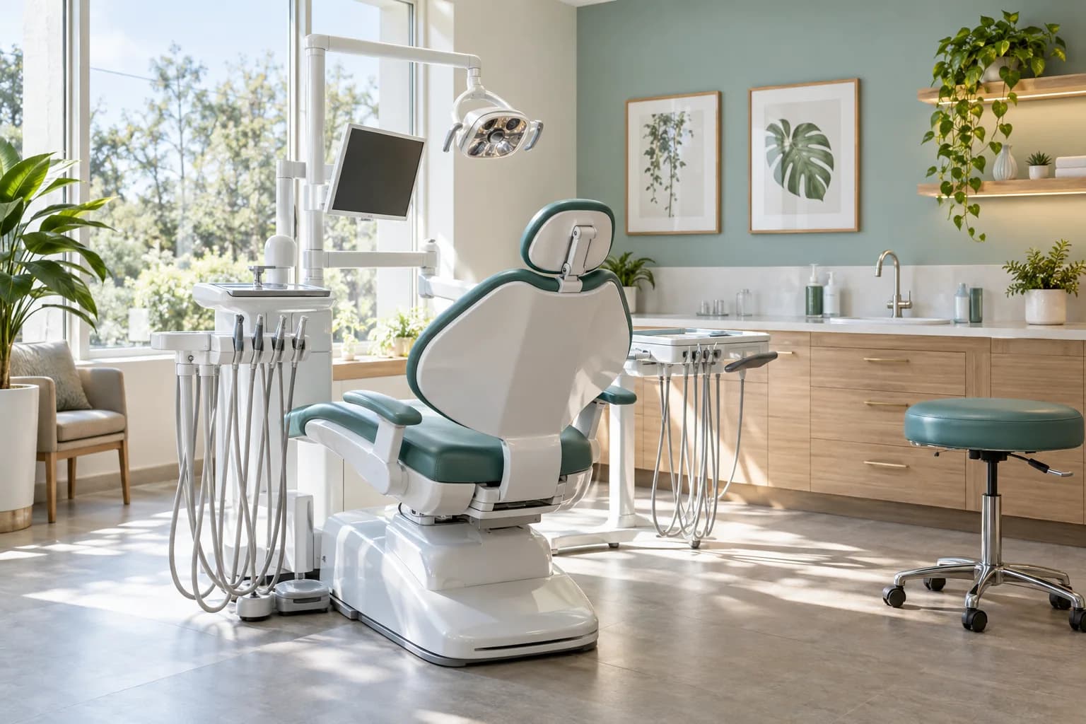 Bright Linden clinic with warm timber and muted teal furnishings