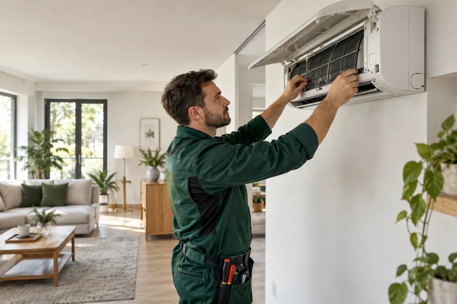 Technician carefully servicing a wall-mounted air conditioner