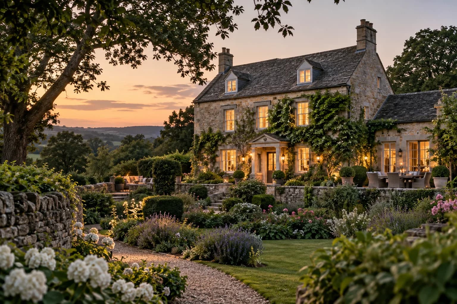 Stillwater’s stone country house and gardens in the warm evening light