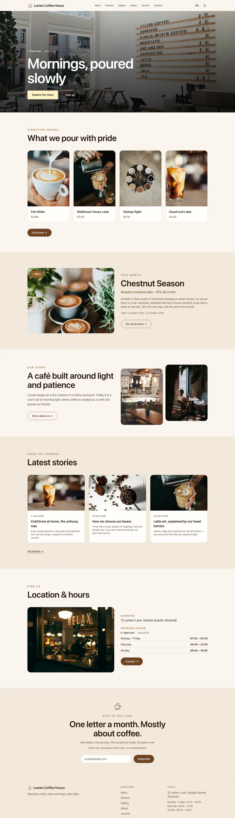 Lumen Coffee House full homepage, desktop