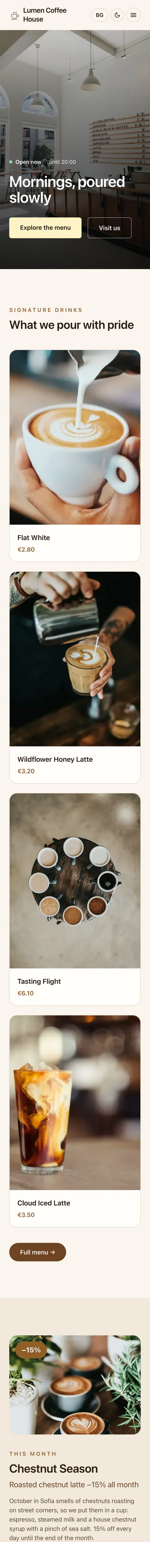 Lumen Coffee House full homepage, mobile