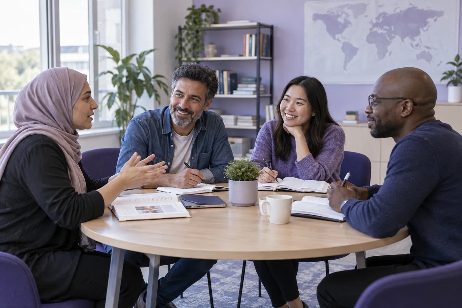 Adult learners sharing a conversation around a classroom table
