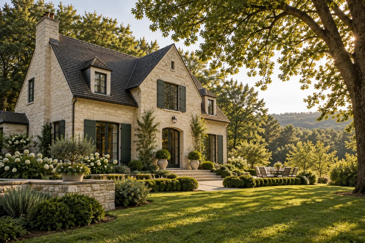 forest-edge detached house exterior, cream stone, steep roof and deep green shutters; alternate architectural perspective