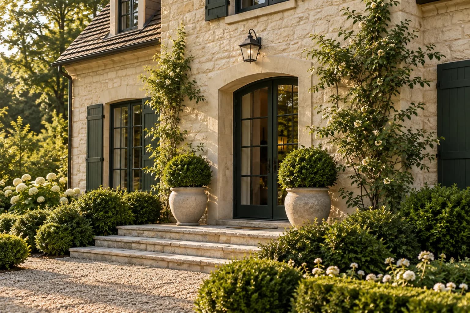 forest-edge detached house exterior, cream stone, steep roof and deep green shutters; close detail of materials and finishes