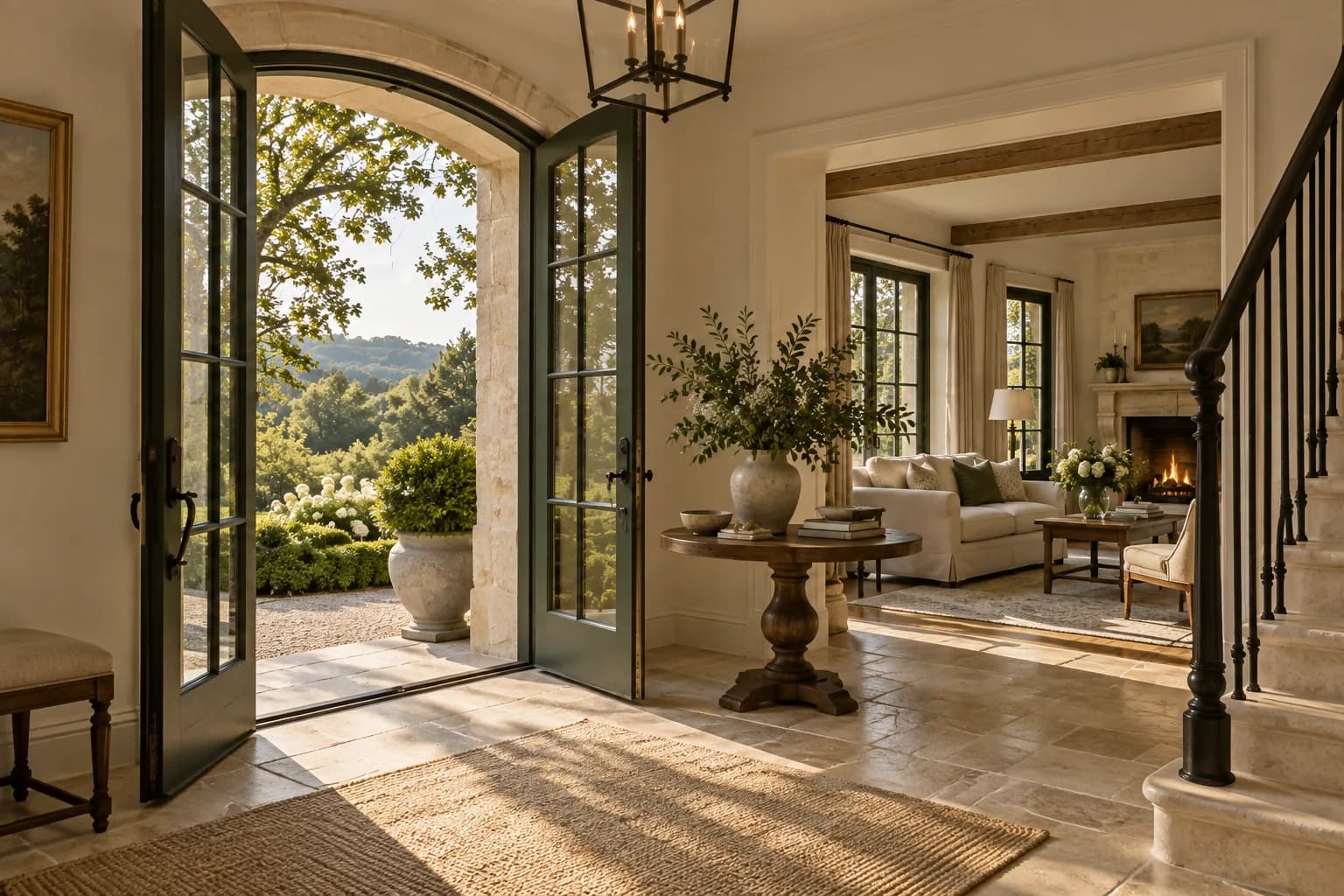 forest-edge detached house exterior, cream stone, steep roof and deep green shutters; view through the doorway or threshold