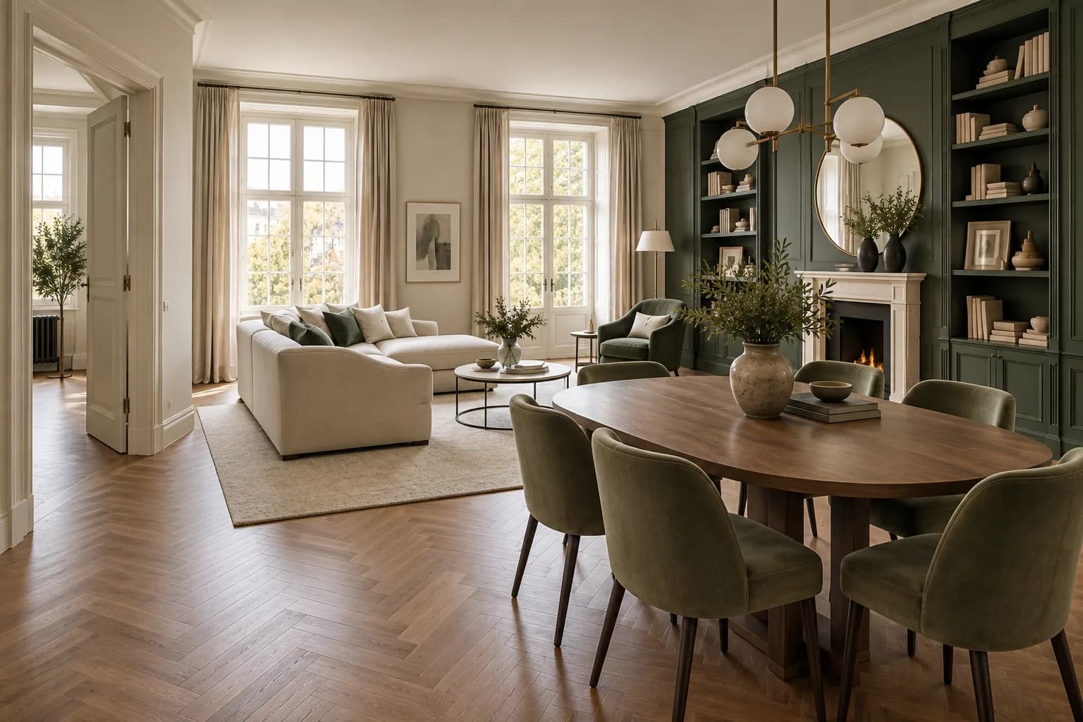 refined two-bedroom apartment dining and living space, herringbone floor and sage dining chairs; alternate architectural perspective