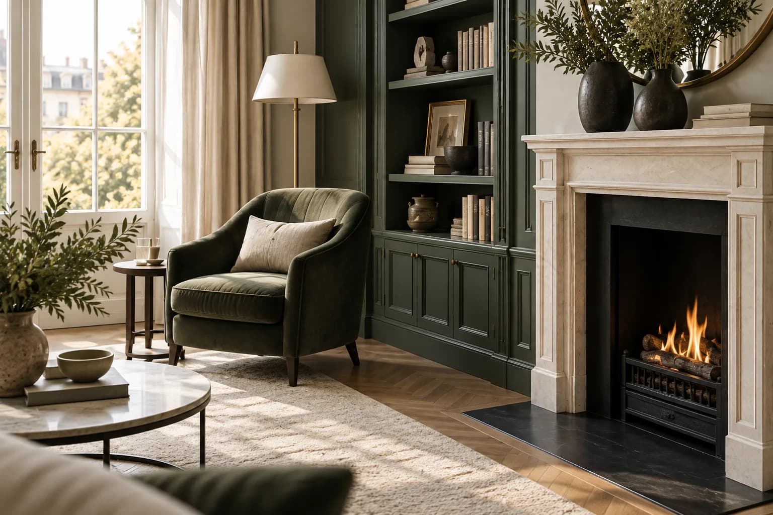 refined two-bedroom apartment dining and living space, herringbone floor and sage dining chairs; close detail of materials and finishes