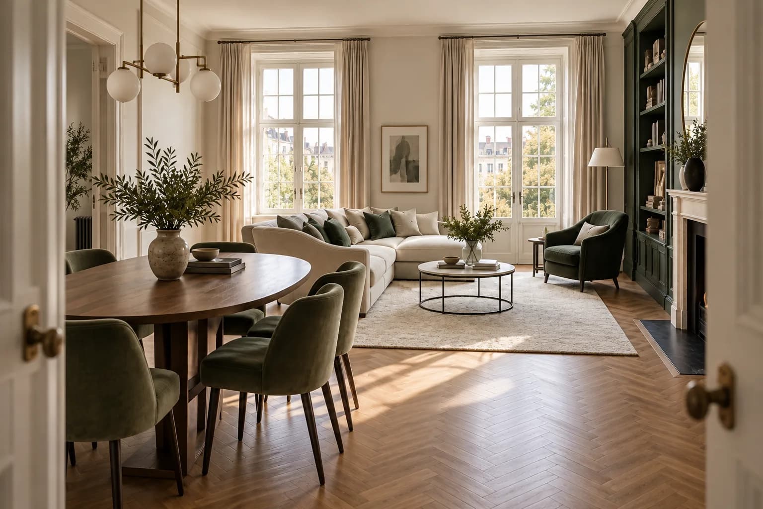refined two-bedroom apartment dining and living space, herringbone floor and sage dining chairs; view through the doorway or threshold