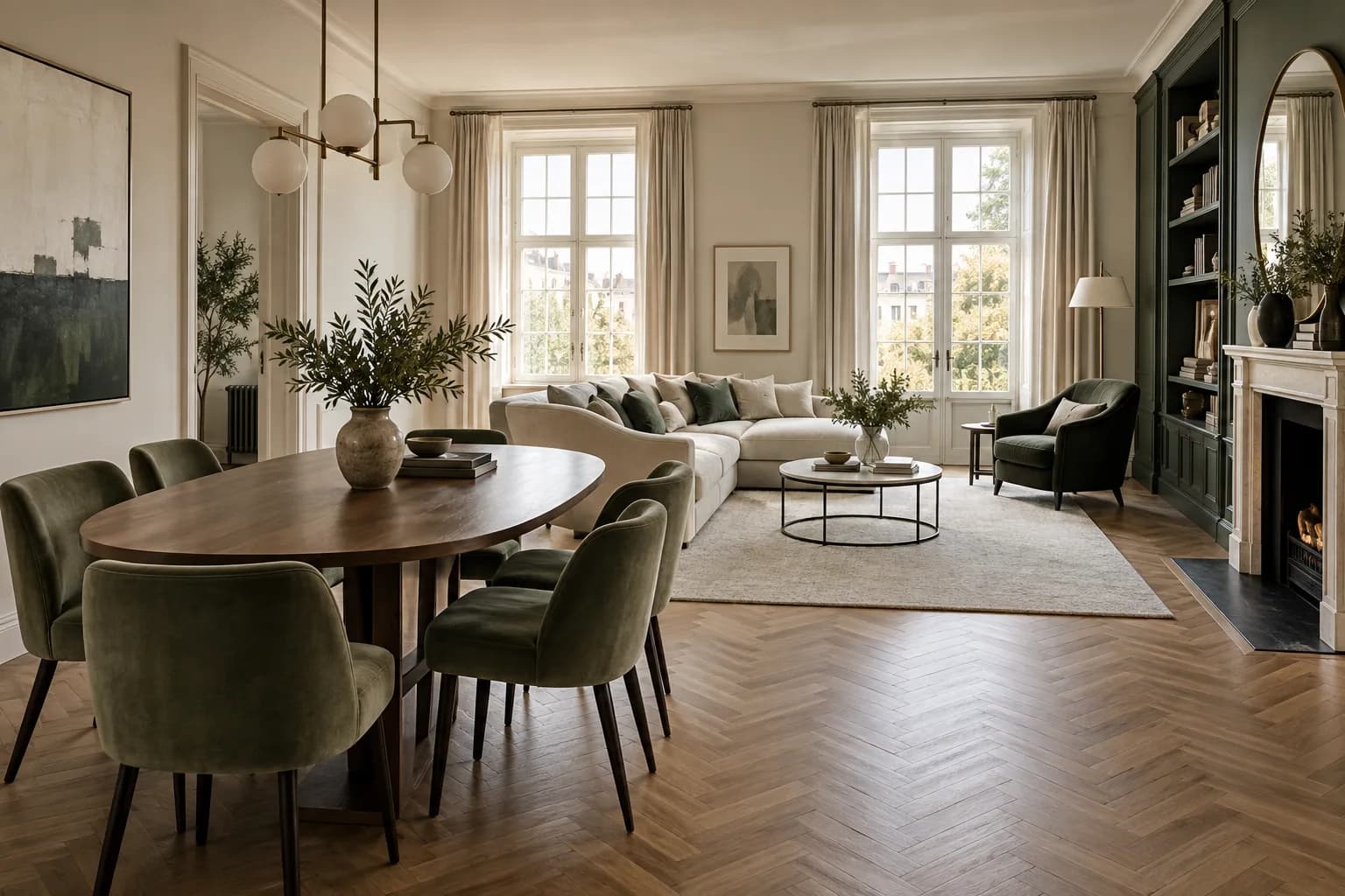 refined two-bedroom apartment dining and living space, herringbone floor and sage dining chairs