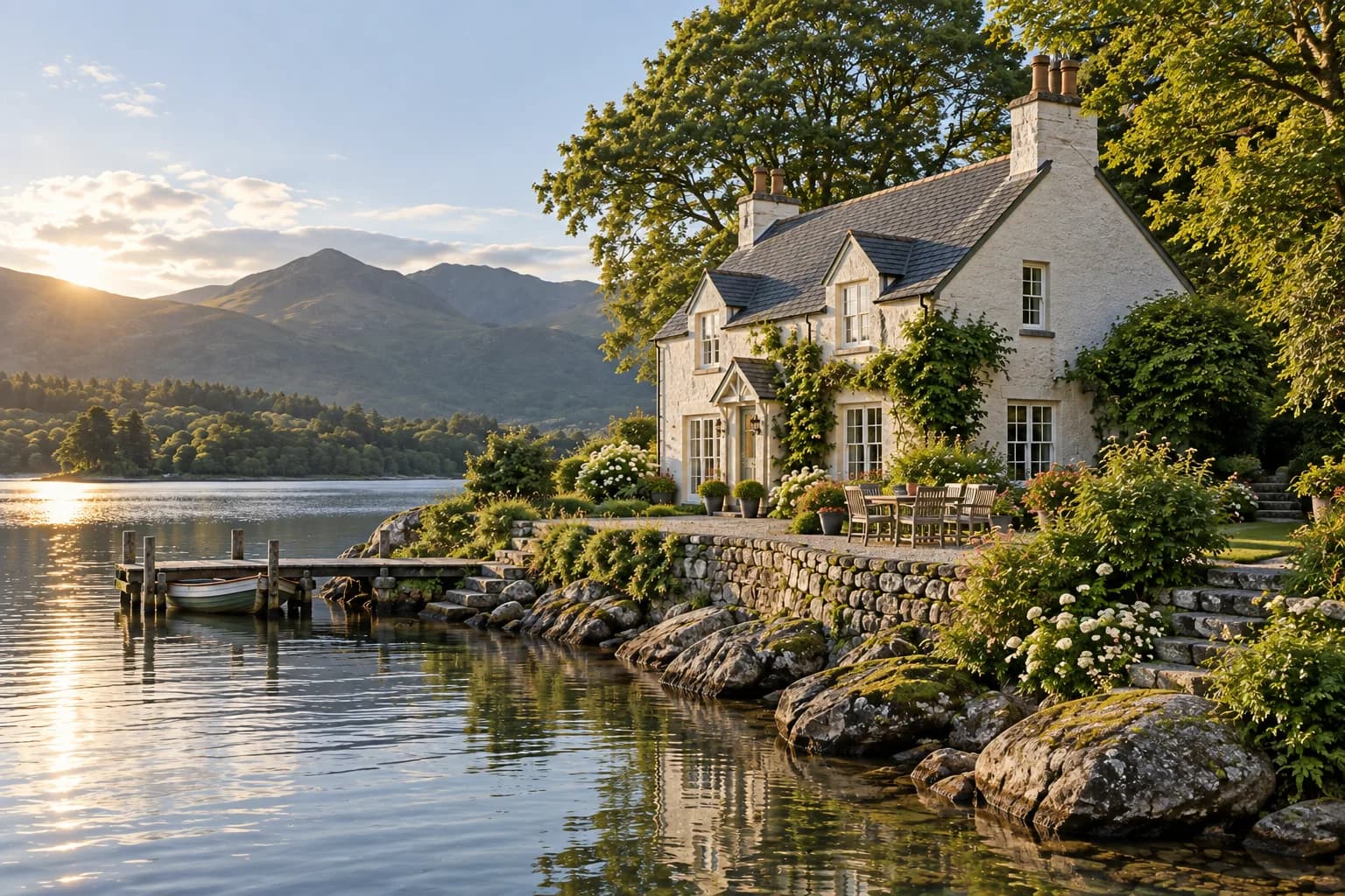 waterside cottage exterior, pale rendered walls, slate roof and ivory-framed windows; alternate architectural perspective
