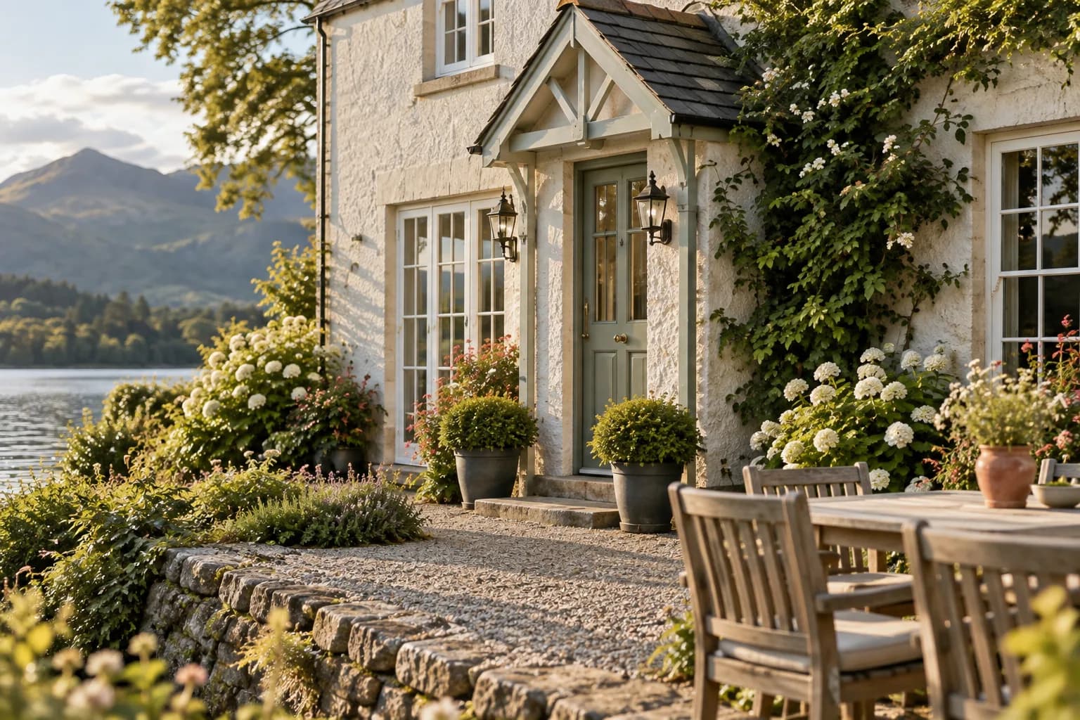 waterside cottage exterior, pale rendered walls, slate roof and ivory-framed windows; close detail of materials and finishes
