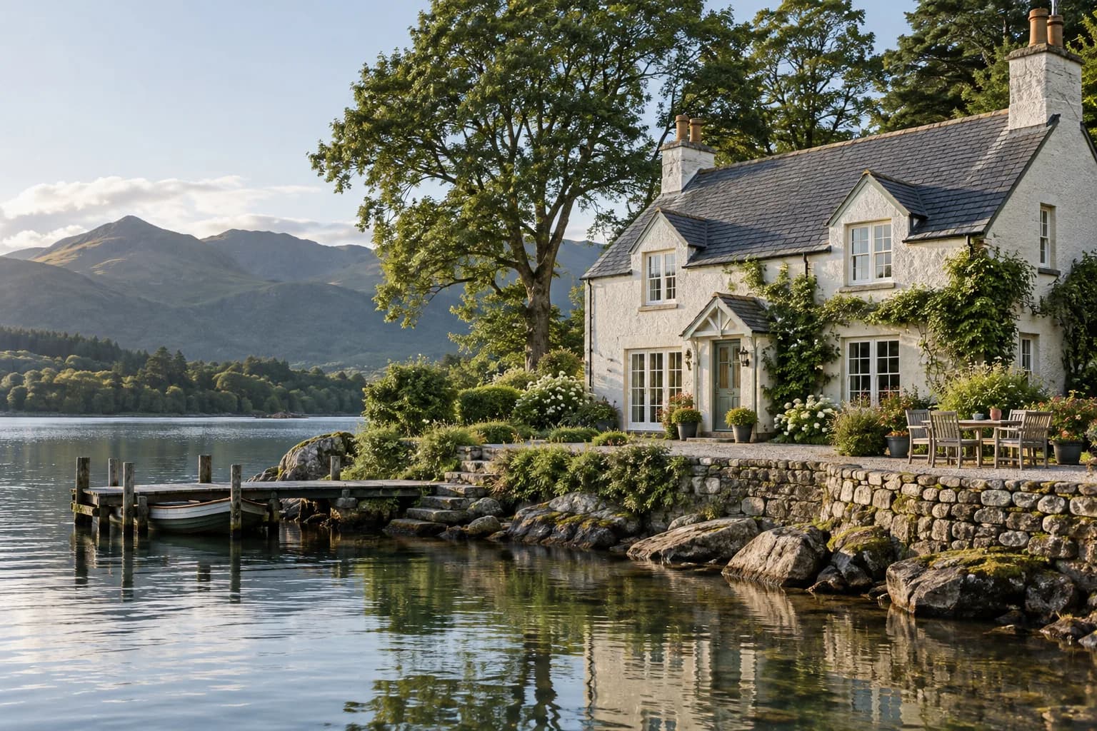 waterside cottage exterior, pale rendered walls, slate roof and ivory-framed windows
