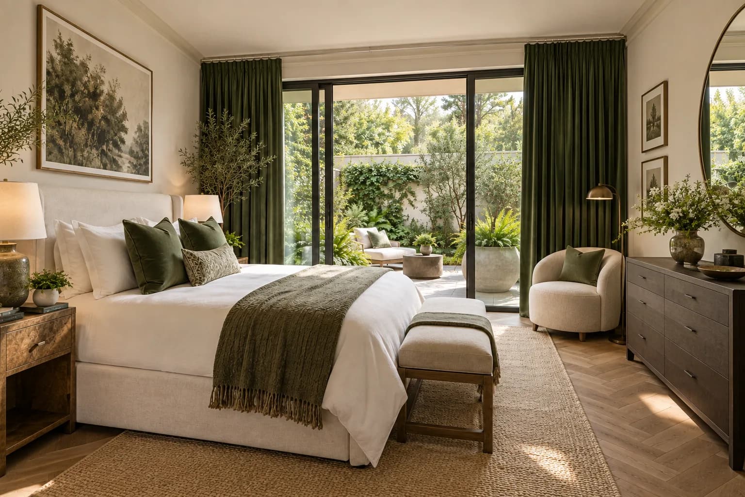 sophisticated garden apartment bedroom, upholstered ivory bed, green curtains and private planted patio; alternate architectural perspective