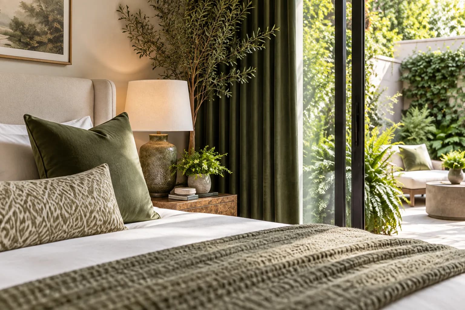 sophisticated garden apartment bedroom, upholstered ivory bed, green curtains and private planted patio; close detail of materials and finishes