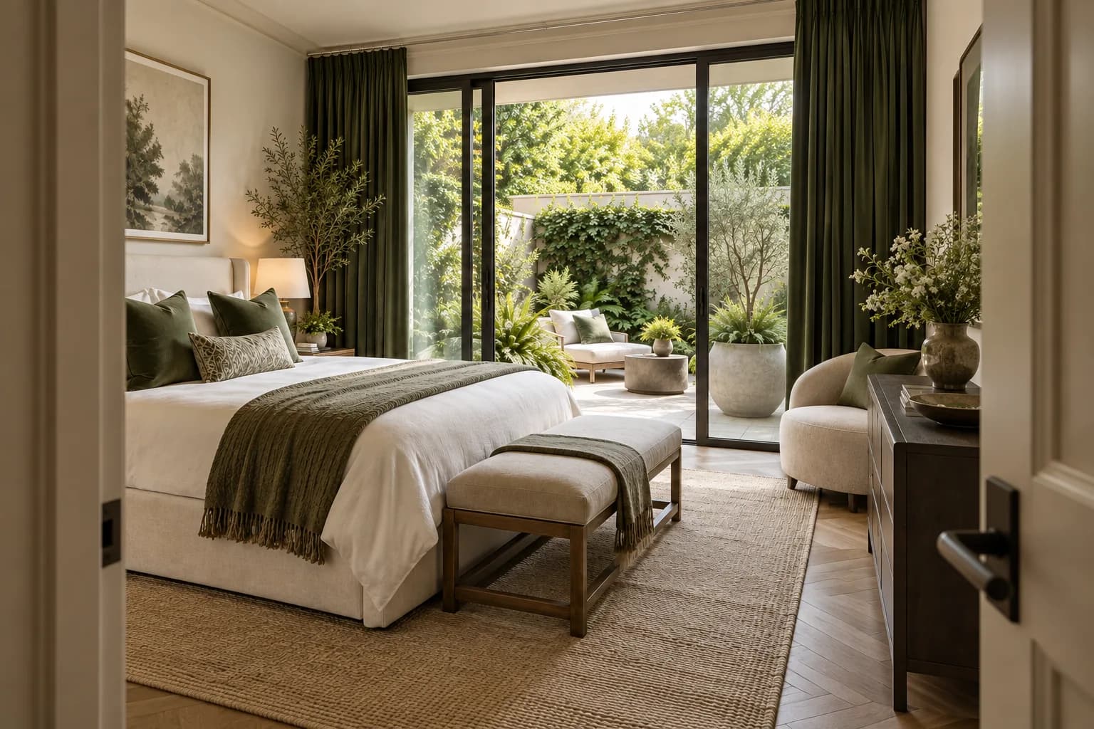 sophisticated garden apartment bedroom, upholstered ivory bed, green curtains and private planted patio; view through the doorway or threshold